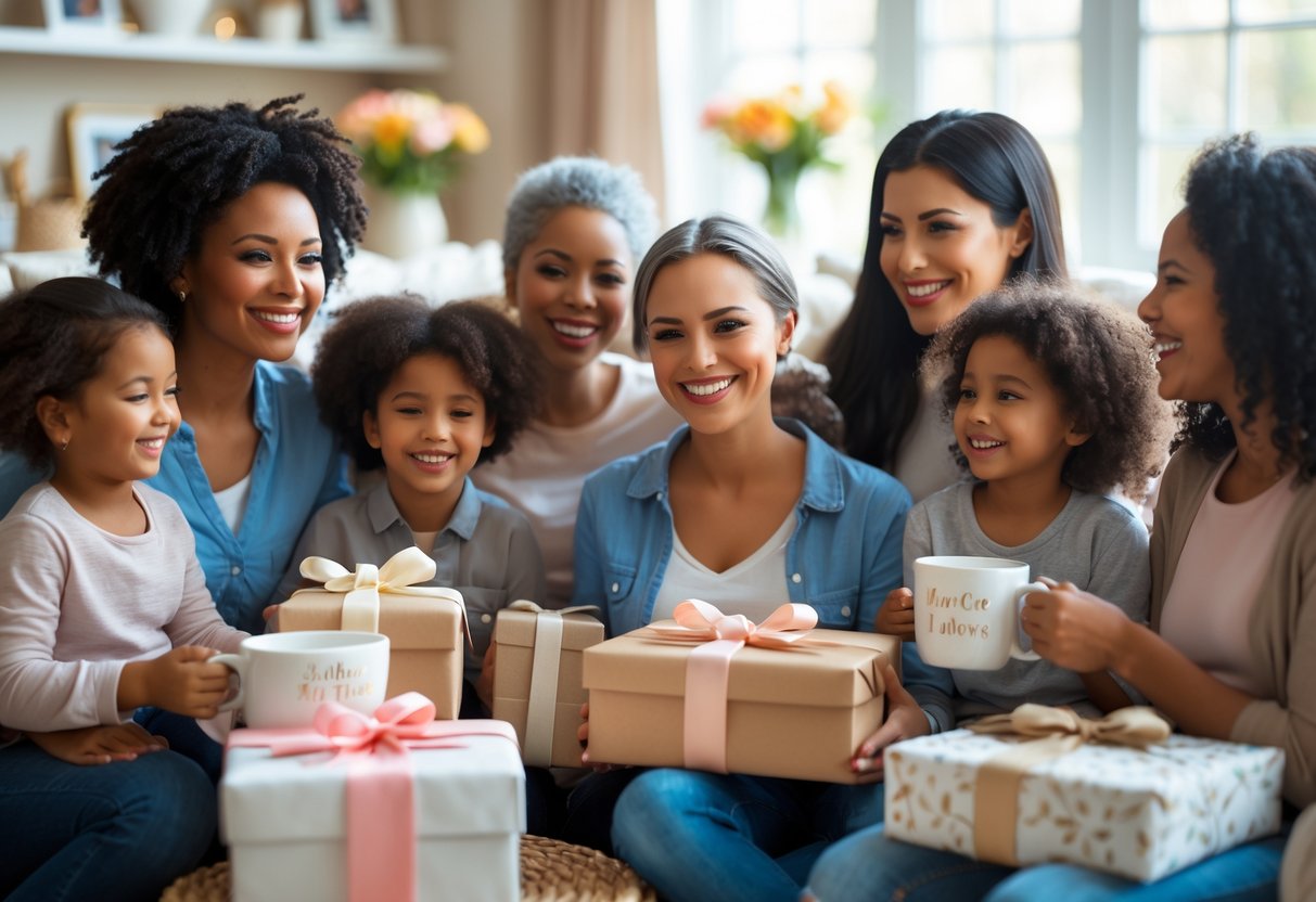Mothers and their children smiling and holding personalized gifts in a cozy living room.