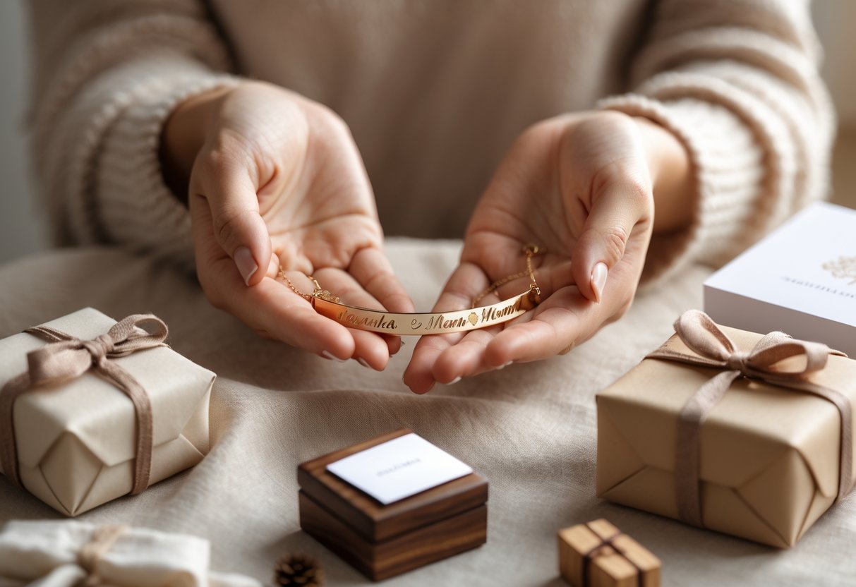A mother holding personalized jewelry with customized gifts arranged nearby on a soft surface.