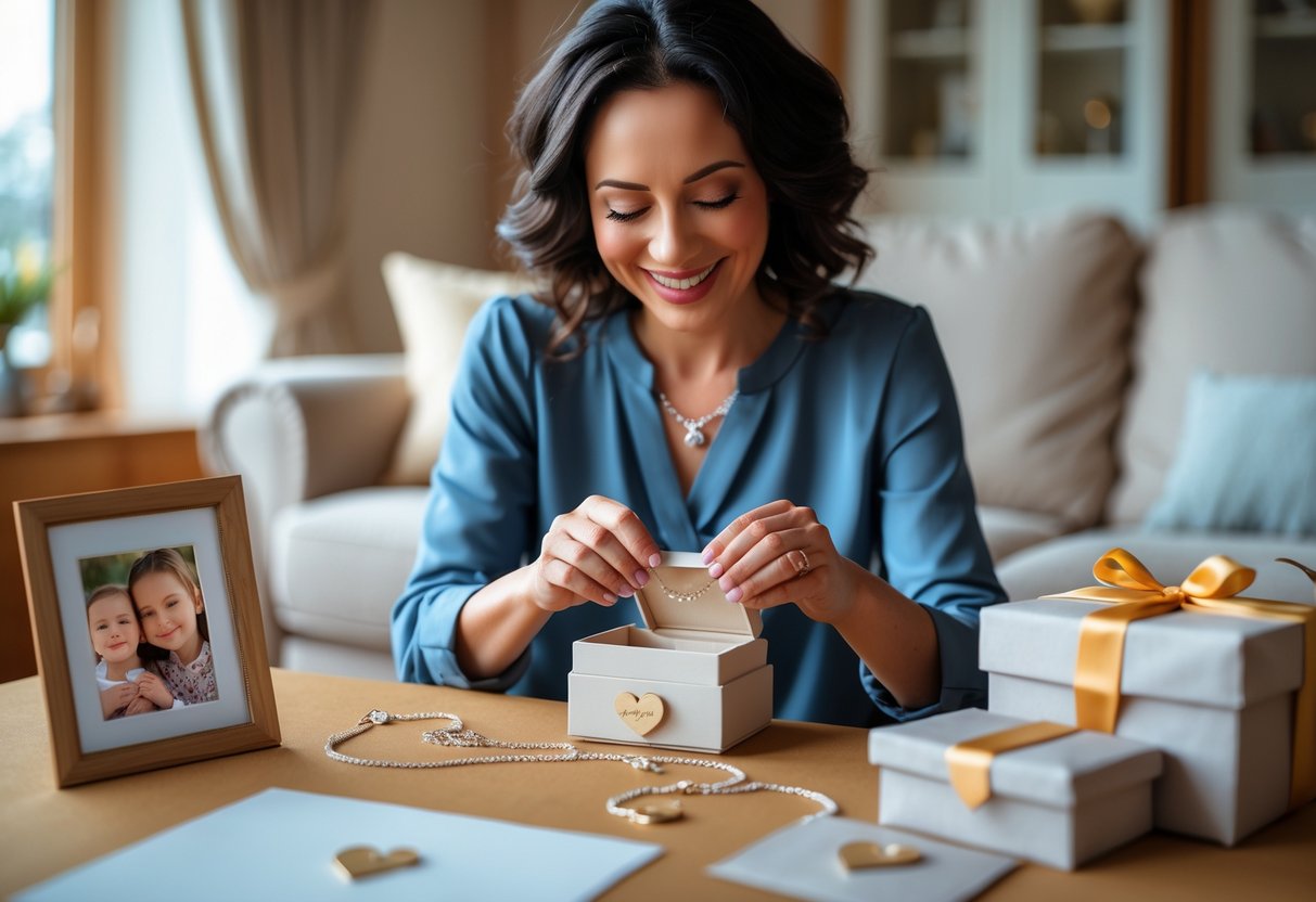 A mother smiling warmly as she opens a jewelry box with a personalized necklace, while her child watches lovingly in a cozy living room.