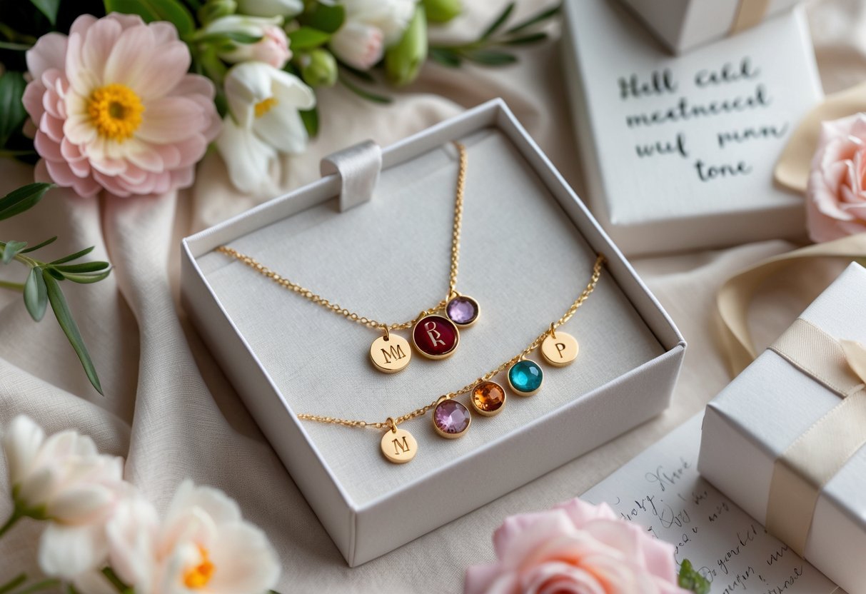 A close-up of personalized jewelry pieces including engraved necklaces, birthstone bracelets, and custom rings arranged with flowers and gift boxes.