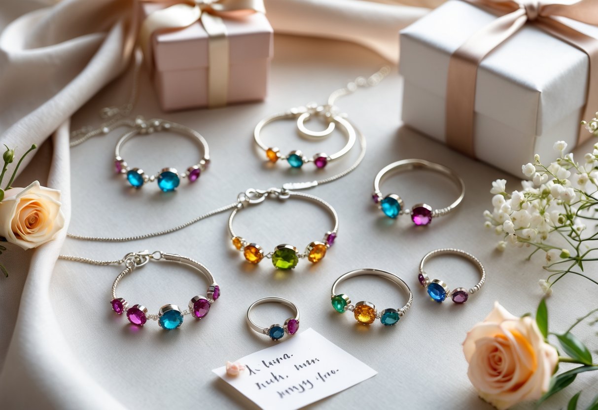 Close-up of personalized birthstone jewelry including necklaces, bracelets, and rings with colorful gemstones arranged with a gift box and flowers.