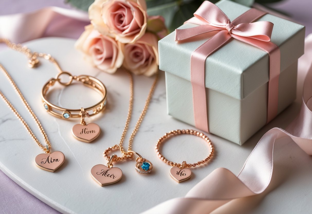 A collection of personalized jewelry pieces displayed with a gift box, symbolizing customized gifts for a mother.