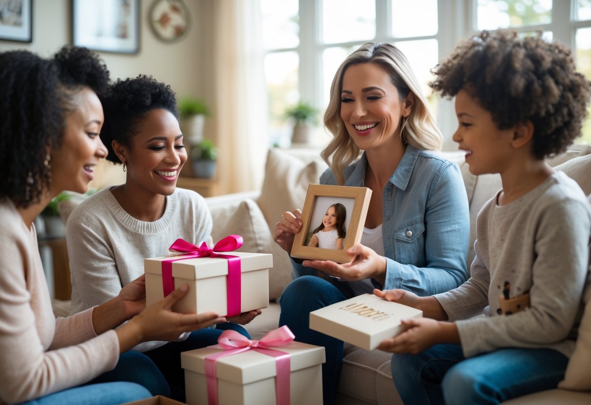 A mother happily receiving personalized gifts from her family in a cozy living room.