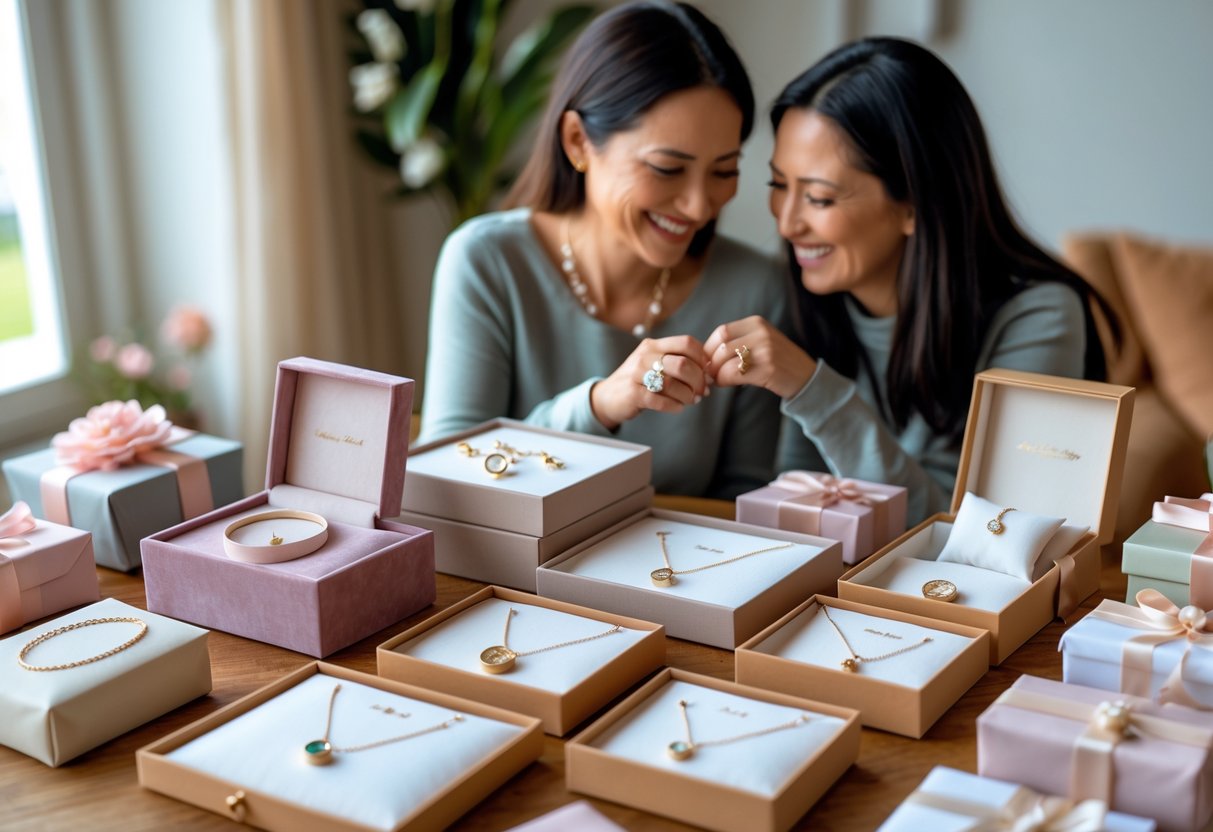 A mother and adult child smiling and exchanging a gift, with personalized jewelry and wrapped presents displayed on a table nearby.