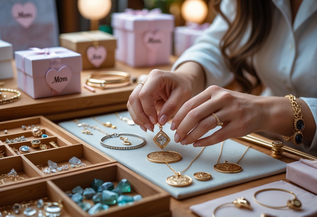 Close-up of hands selecting materials and finishes for personalized jewelry with customized pieces and gift boxes in the background.