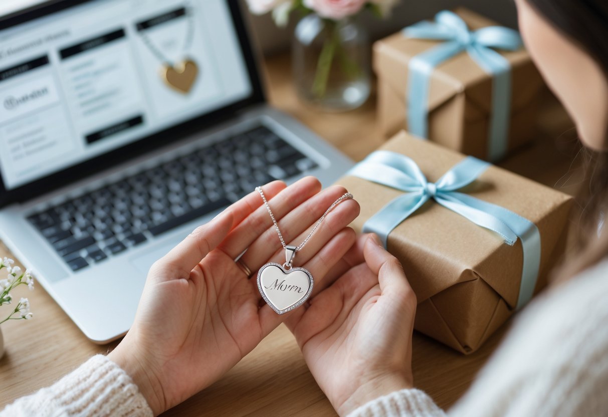 A woman holding a personalized heart-shaped necklace next to a laptop showing customization options, with a wrapped gift box ready for shipping on a cozy table.