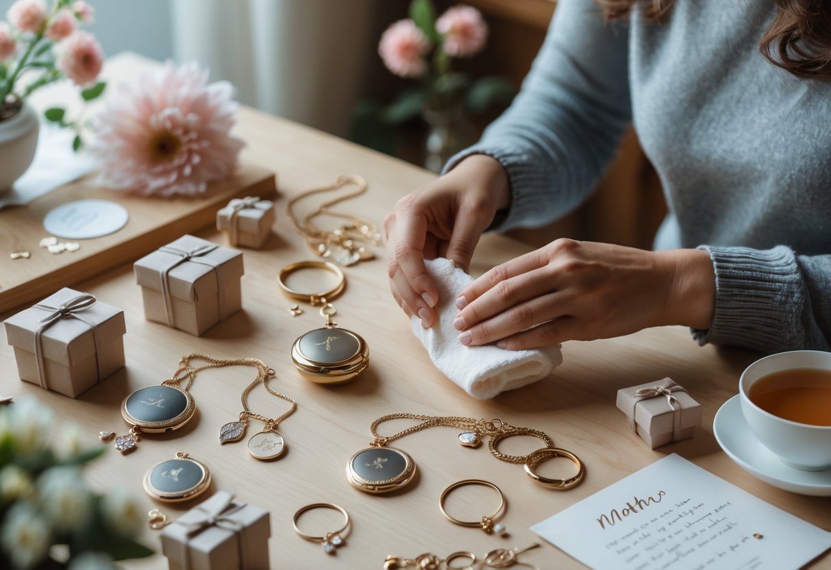 Hands gently cleaning personalized jewelry on a wooden table surrounded by gift boxes and flowers.