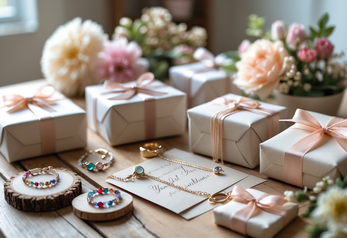 A table displaying personalized jewelry and wrapped gifts with flowers in a cozy home setting.