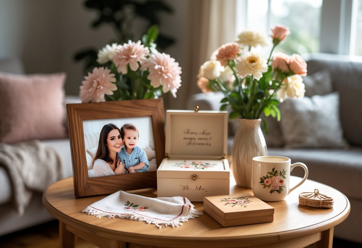 A cozy living room table displaying personalized gifts for Mom, including a photo frame, jewelry box, mug, and flowers.