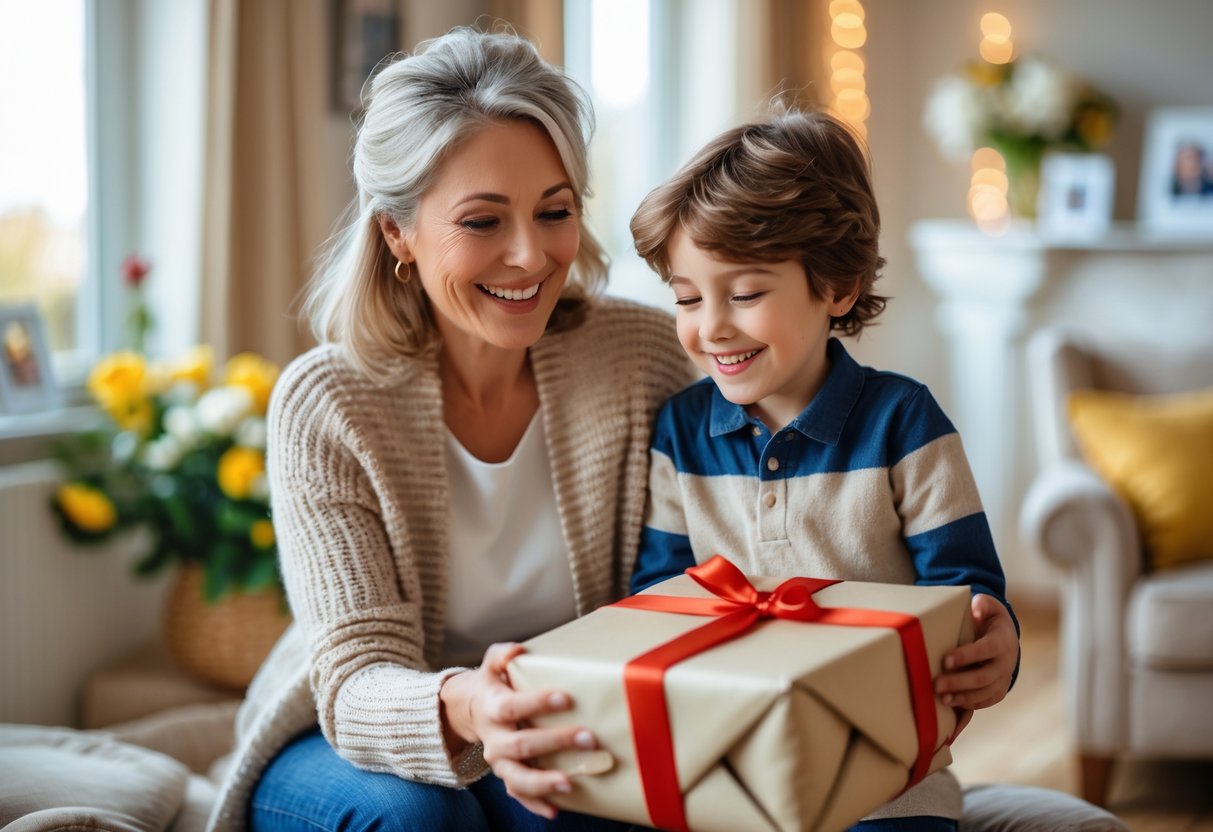 A mother smiling happily as her child gives her a personalized gift in a cozy living room.
