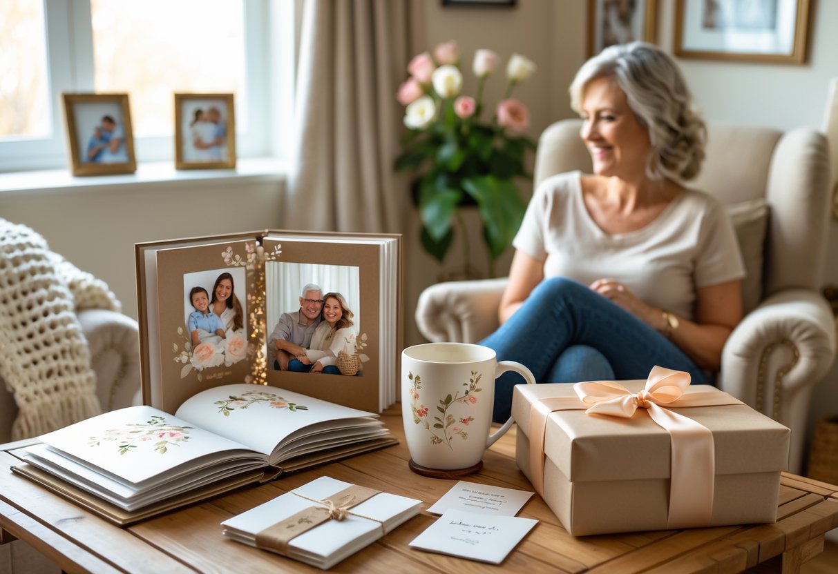 A mother sitting in a cozy living room surrounded by personalized gifts including a photo album, jewelry box, mug, and wrapped present on a wooden table.