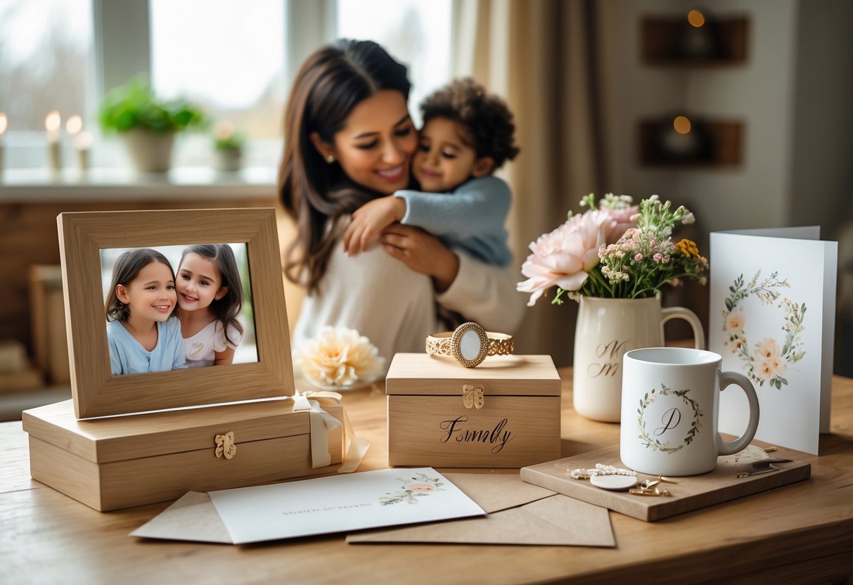 A mother embracing her child beside a table filled with personalized gifts like a photo frame, engraved jewelry box, monogrammed mug with flowers, and a handmade card.