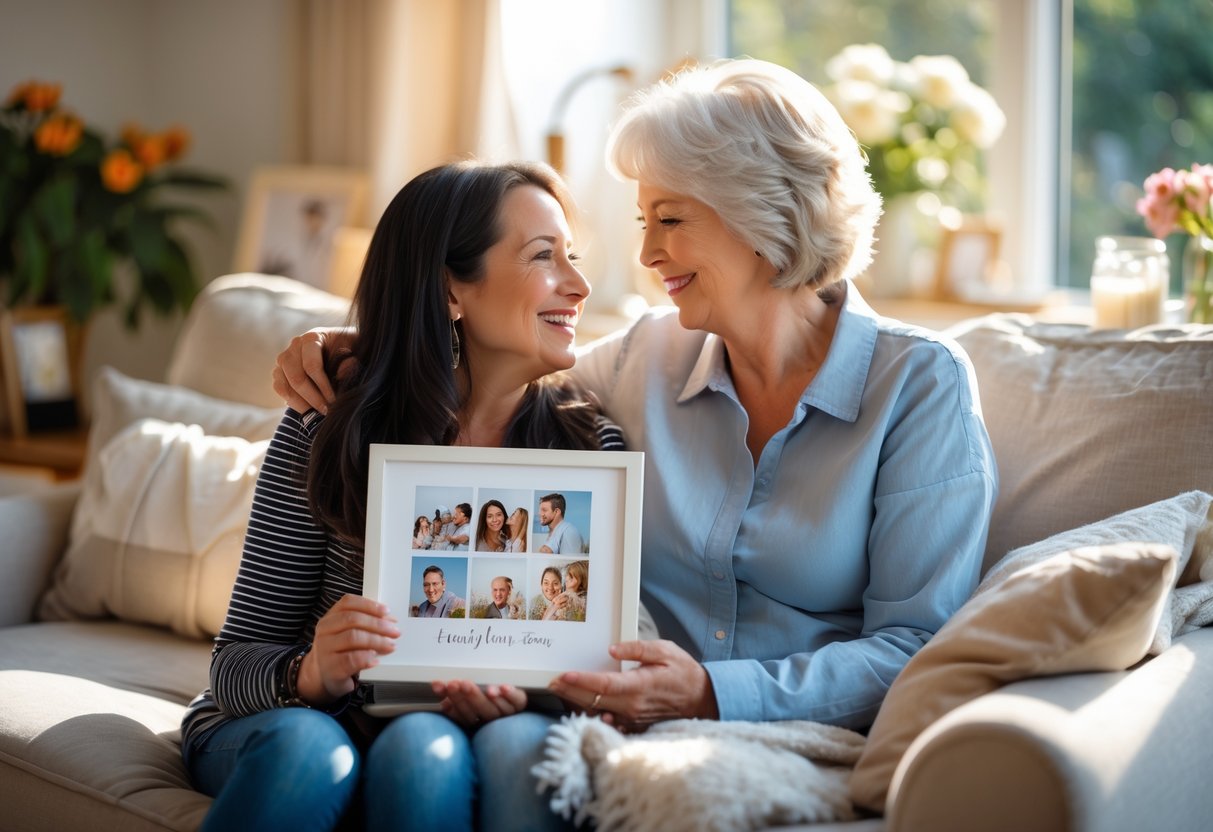 A mother and adult child sharing a happy moment as the mother holds a customized photo gift in a cozy living room.