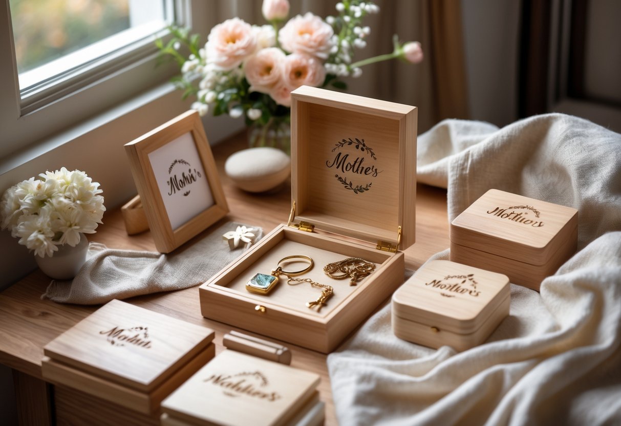 A collection of personalized engraved gifts for mom arranged on a wooden table with flowers and soft natural light.