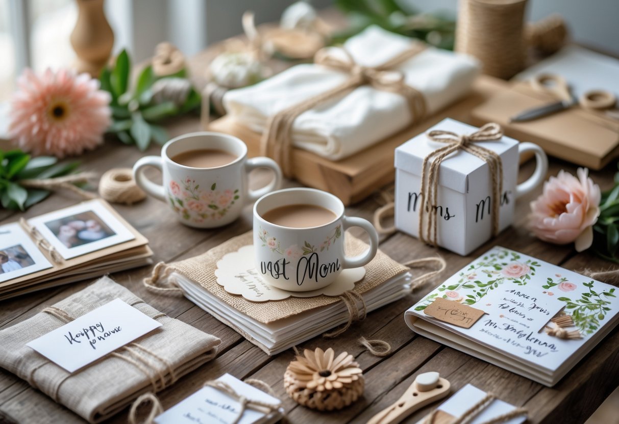A wooden table displaying handmade personalized gifts for mom, including painted mugs, embroidered napkins, and scrapbooks with photos and notes.