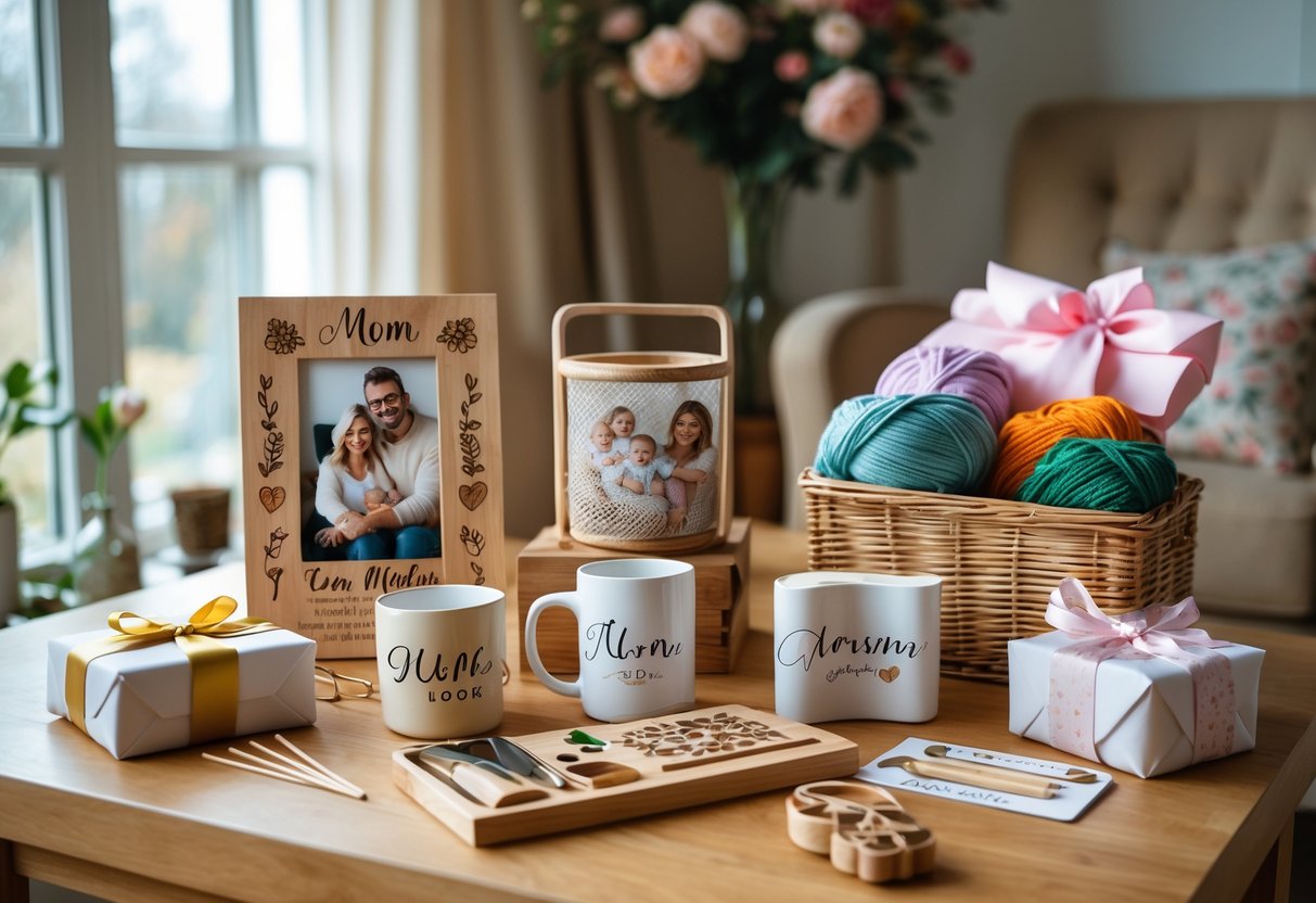 A table displaying various personalized gifts for a mother, including a photo frame, mug, knitting supplies, and gardening tools, set in a cozy living room.