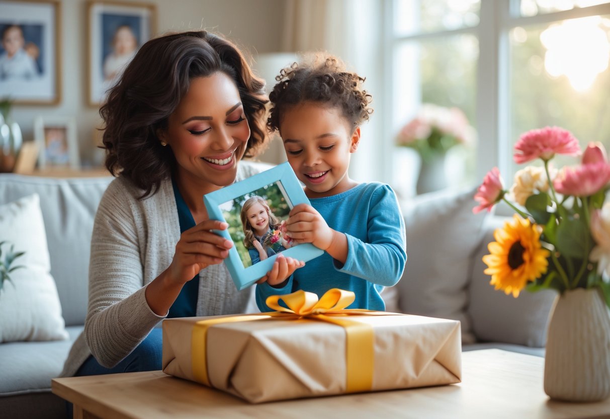 A mother smiling as she unwraps a personalized gift from her child in a cozy living room filled with family photos and flowers.