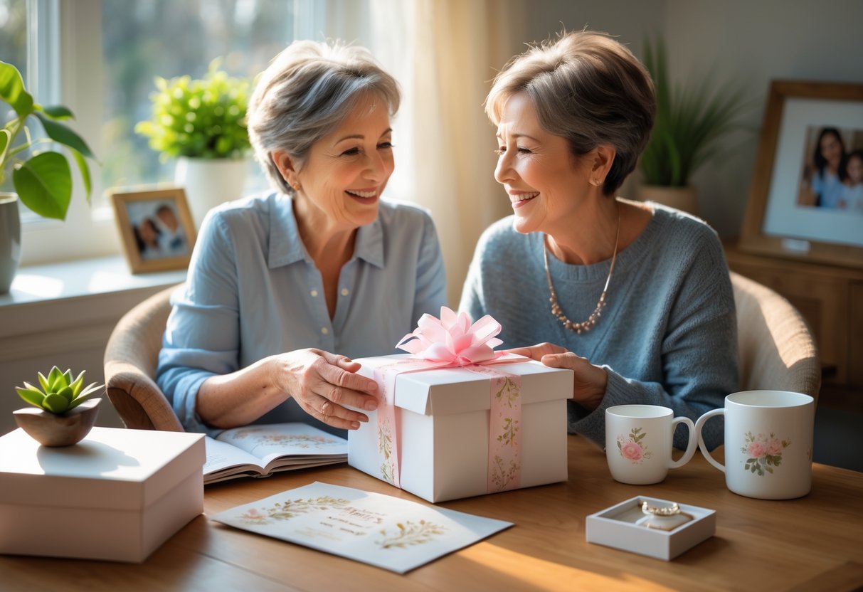 A mother and adult child sitting at a table as the child gives the mother a wrapped customized gift, both smiling warmly in a cozy, sunlit room.