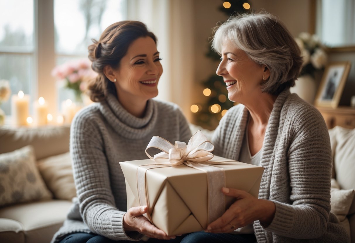A person giving a beautifully wrapped, personalized gift to their smiling mother in a cozy living room.