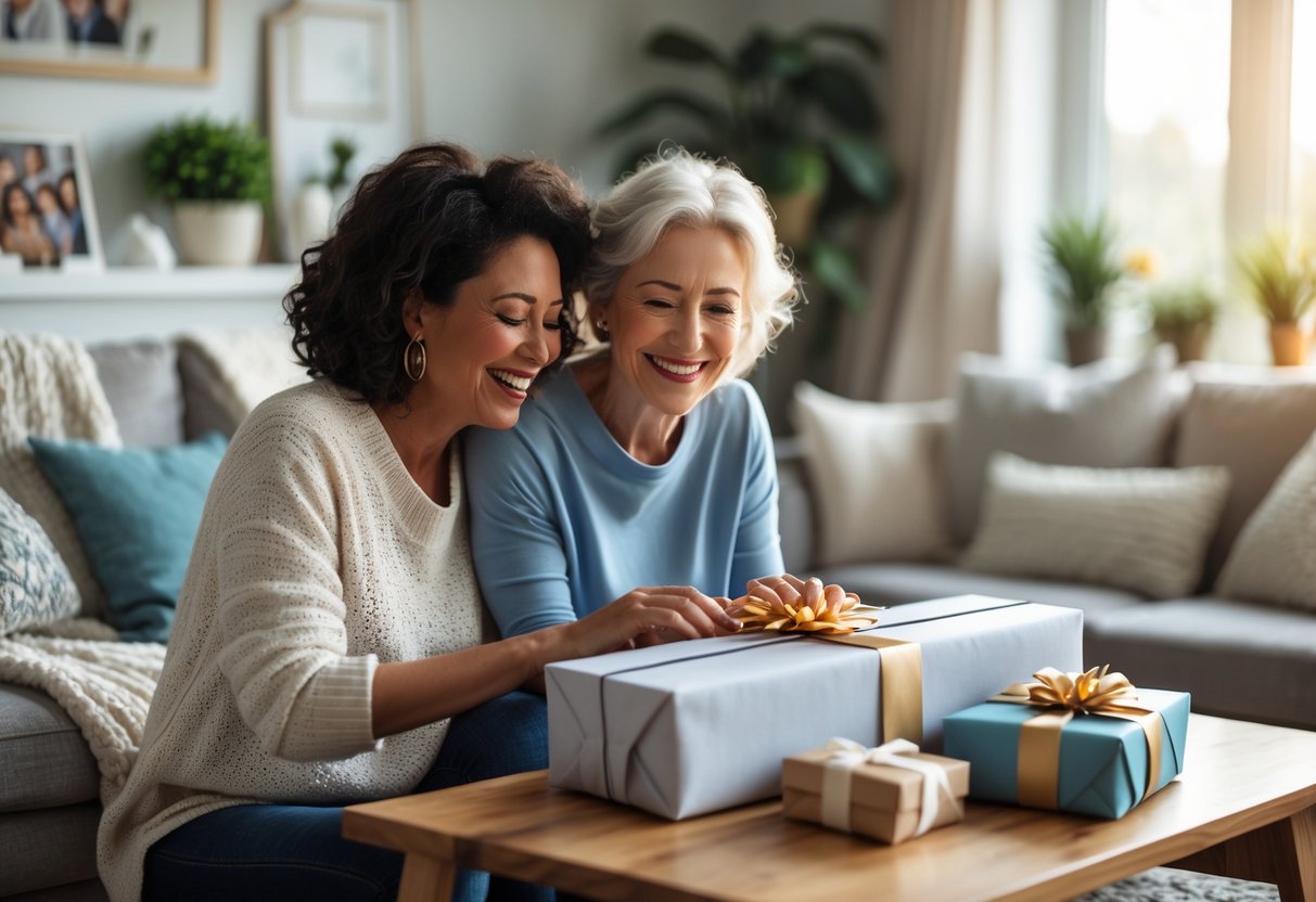 Mother smiling as she opens a personalized gift from her adult child in a cozy living room.