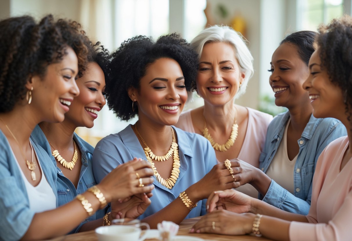 Several smiling mothers wearing personalized jewelry and accessories in a warm home setting.