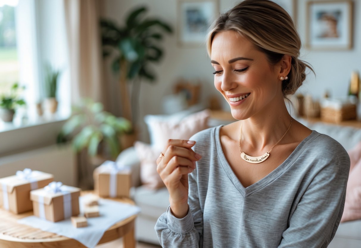 A mother smiling while wearing a customized necklace in a bright living room with gift boxes nearby.