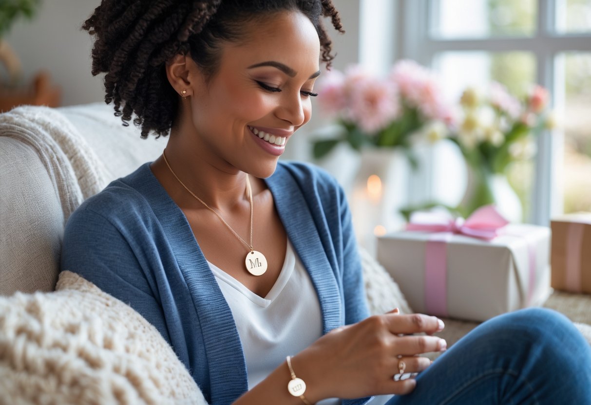 A smiling mother sitting on a sofa, wearing a personalized necklace and bracelet, with a gift box and flowers nearby.