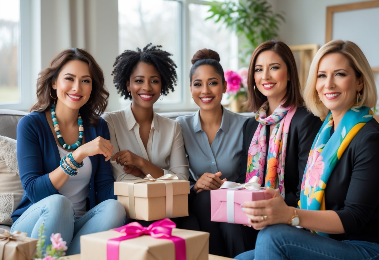 Three women in a cozy living room wearing different customized accessories, smiling and enjoying each other's company.