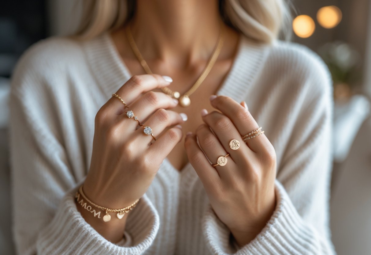 Close-up of a woman's hands wearing personalized necklaces, rings, and bracelets in a cozy home setting.