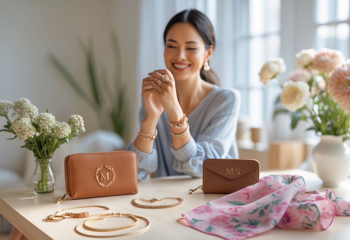 A woman smiles while holding a personalized necklace surrounded by customized jewelry and accessories on a wooden table.