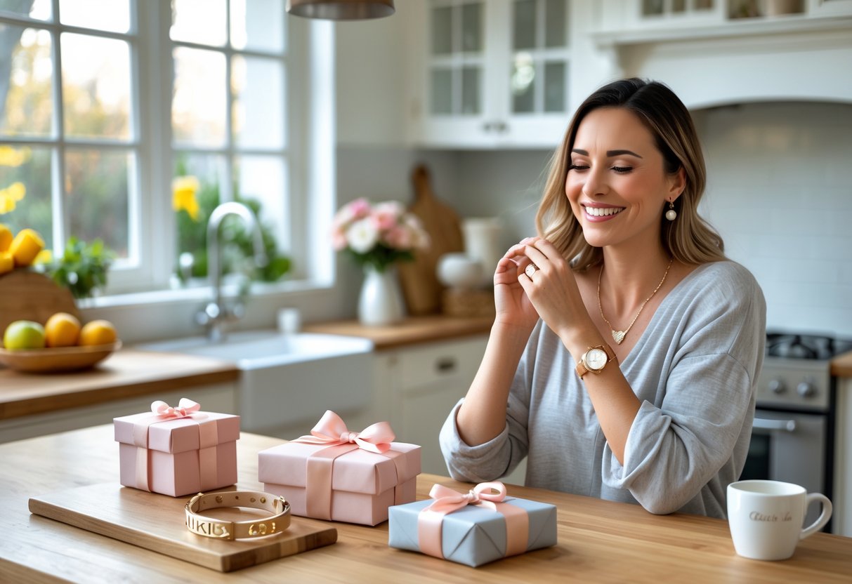 A woman happily trying on personalized jewelry in a cozy kitchen with wearable gifts and a wrapped present on the countertop.