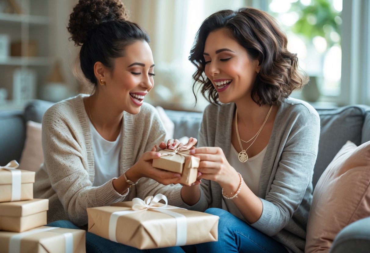 A young woman giving a gift to her mother, who is trying on a personalized necklace and smiling.