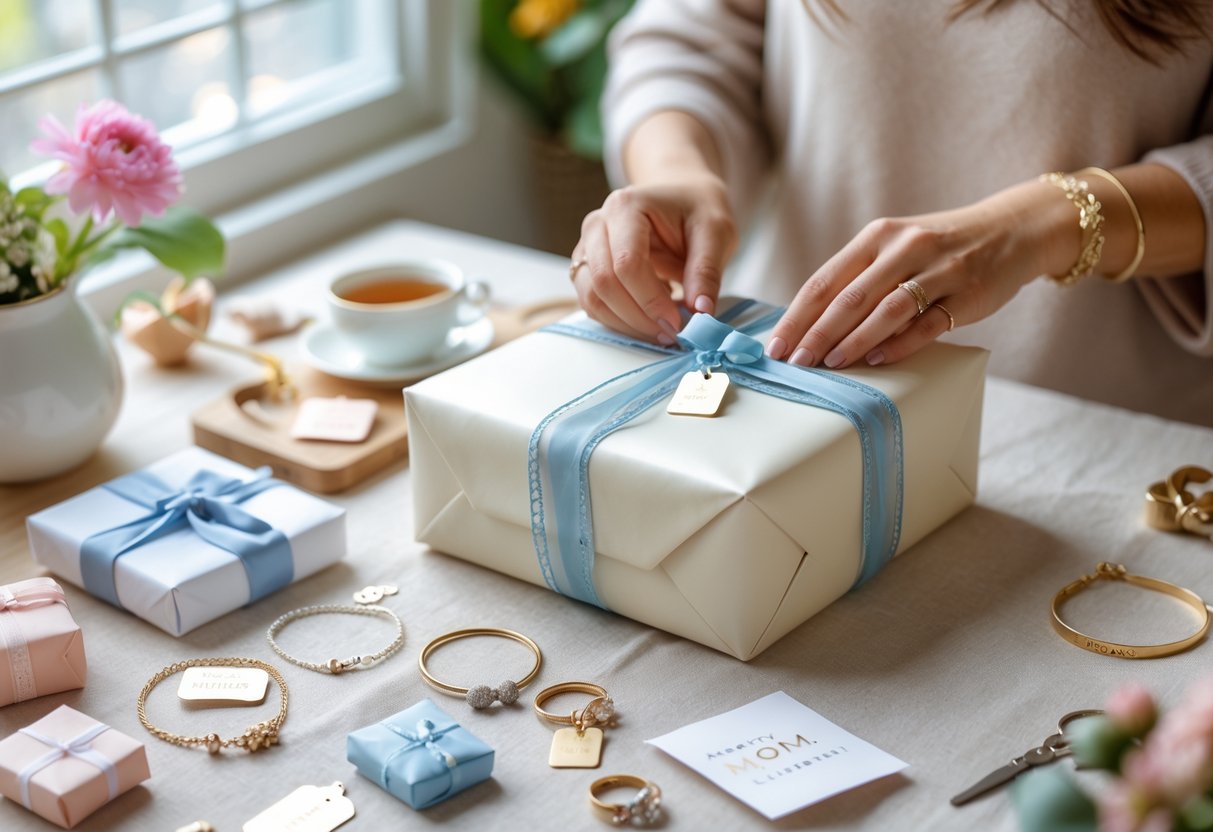 Hands wrapping a personalized gift box with jewelry and crafting materials on a table in a cozy workspace.
