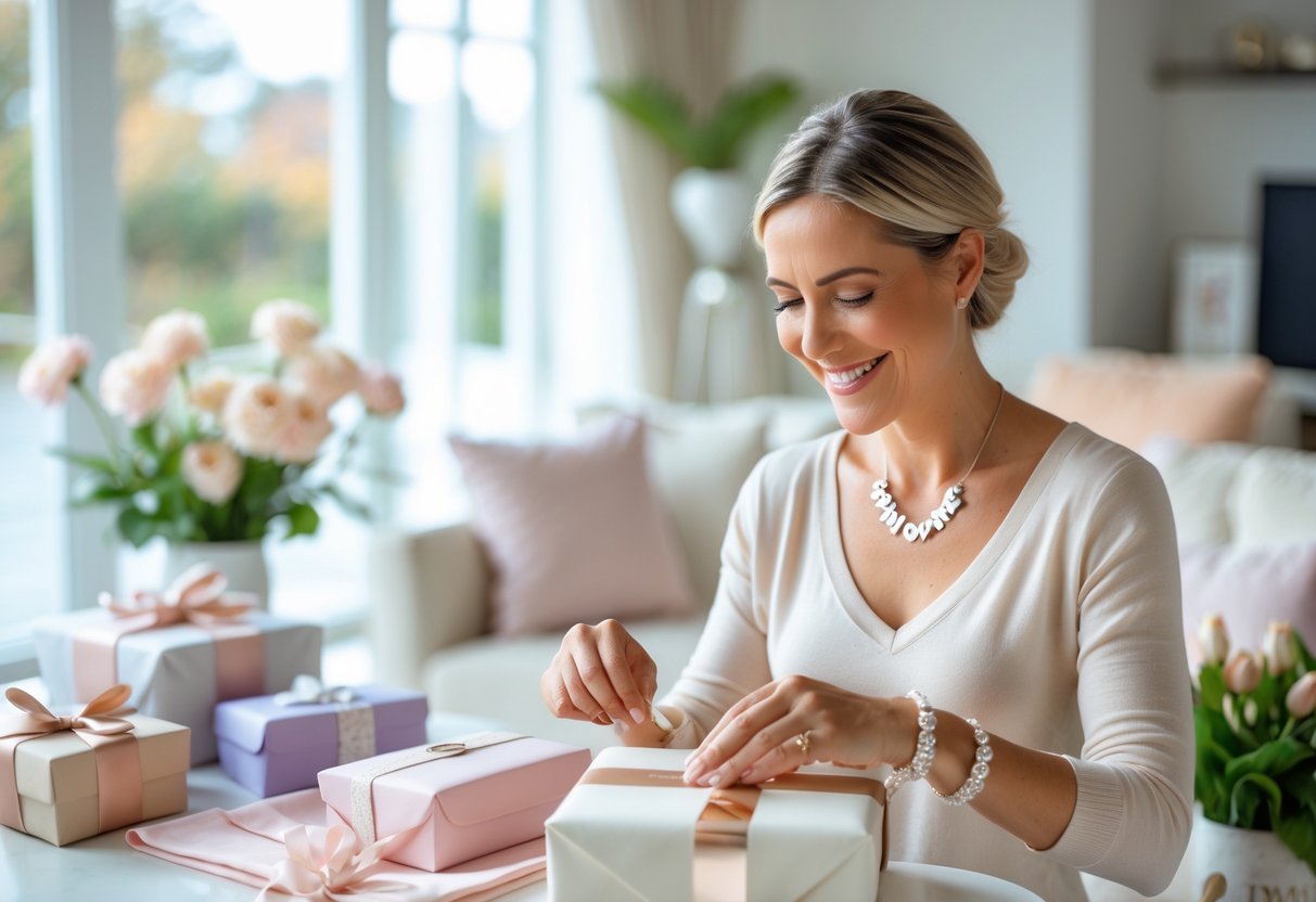 A smiling mother wearing personalized jewelry while holding a wrapped gift box in a bright living room with various custom gift items displayed nearby.