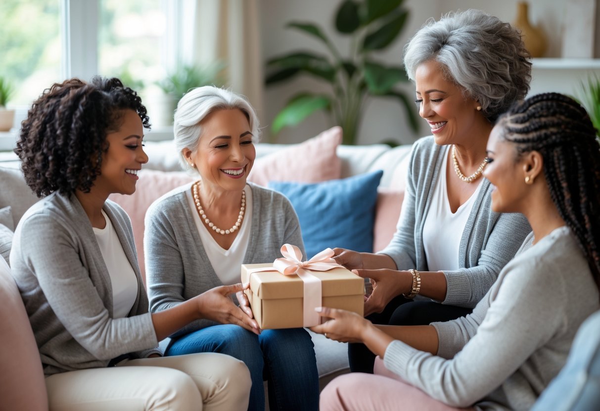 A mother smiling as she receives a personalized jewelry gift from her daughter in a cozy living room.