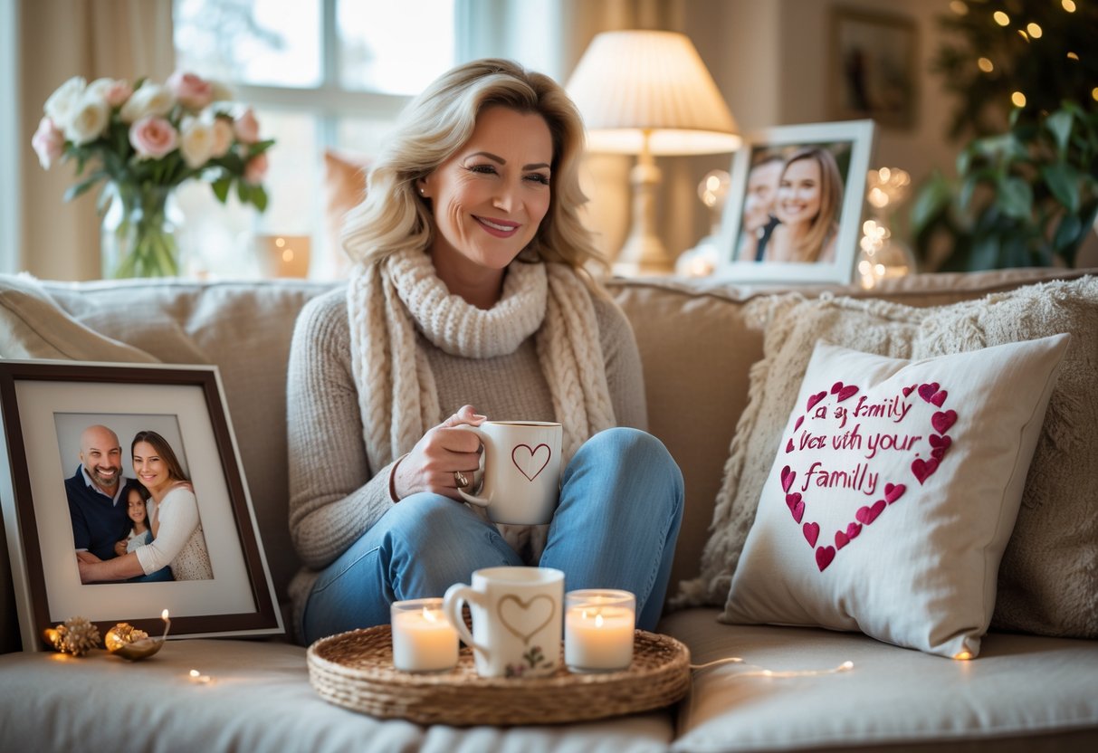 A smiling mother sitting on a sofa surrounded by personalized family gifts in a cozy living room.