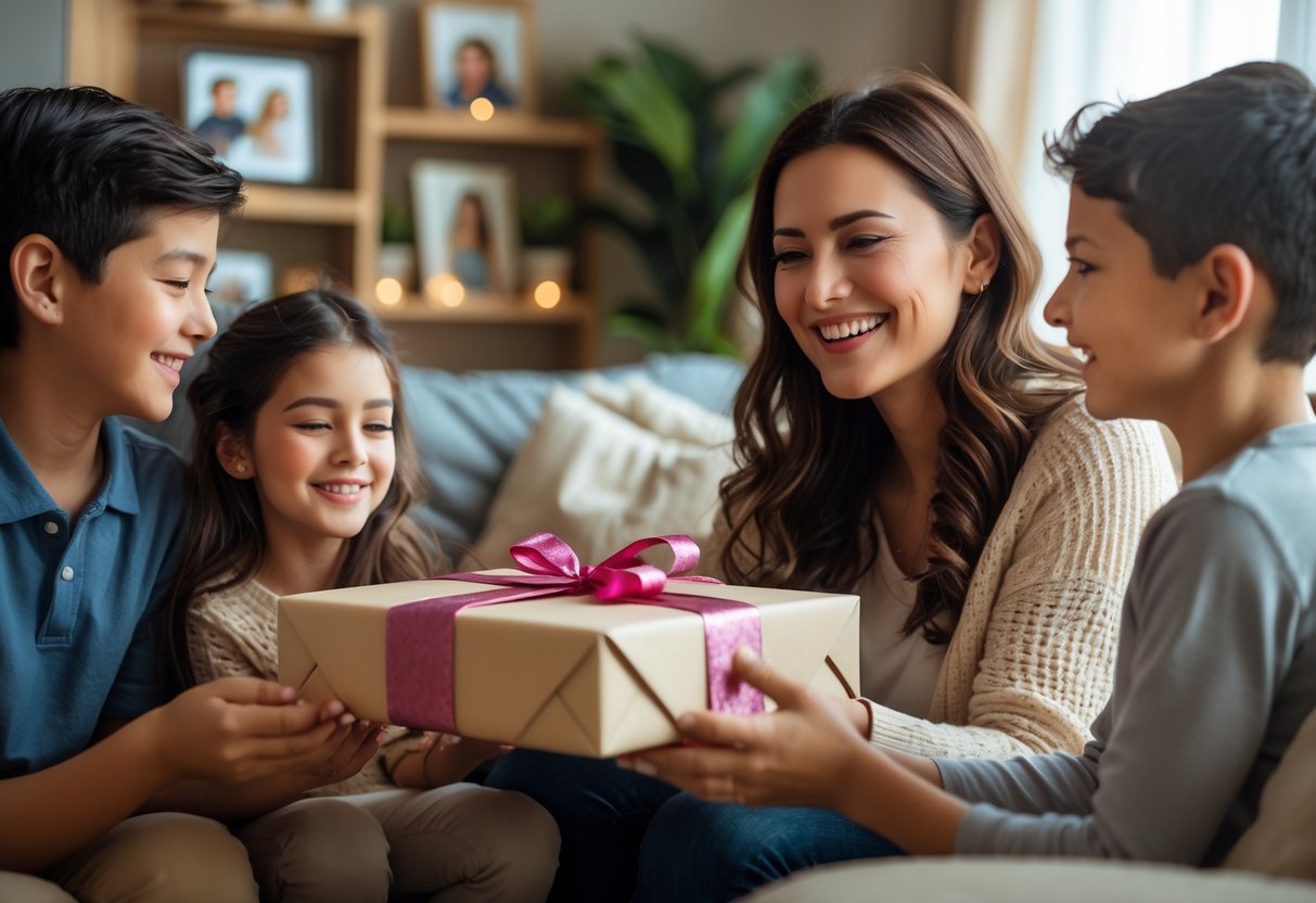 A mother smiling as she receives a personalized gift from her children in a cozy family living room.