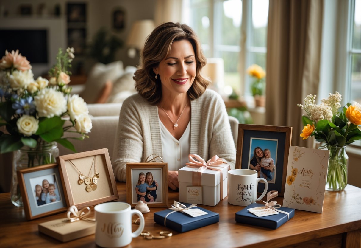 A mother smiling while surrounded by personalized gifts and family photos in a cozy living room.