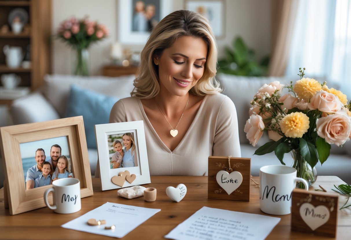 A mother sitting at a table surrounded by personalized gifts from her family, smiling warmly in a cozy living room.