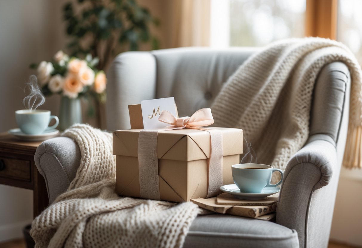 A cozy living room with a wrapped gift, a handmade card, a knitted blanket on an armchair, a cup of tea, and fresh flowers on a side table.