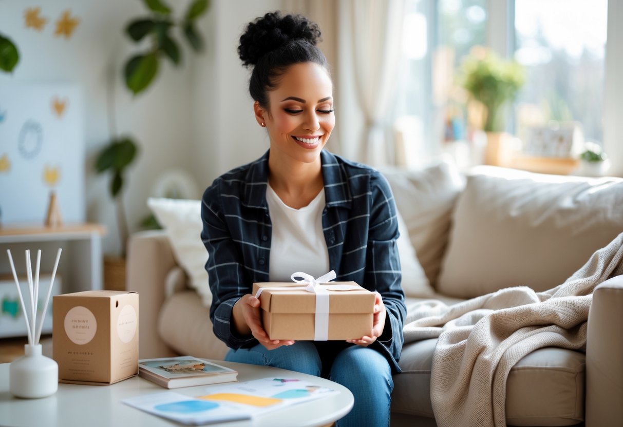 A modern mom smiling while holding a wrapped custom gift box in a cozy living room with family items around her.