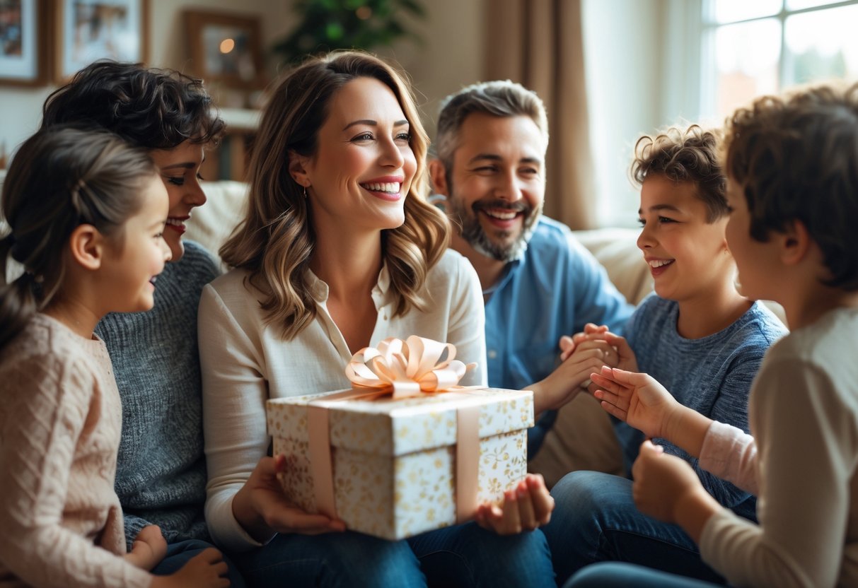 A mother smiling and holding a wrapped gift while surrounded by her family in a cozy living room.