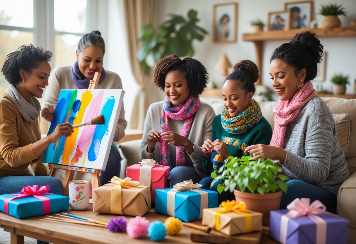 Three mothers enjoying their hobbies—painting, knitting, and caring for plants—surrounded by personalized gifts in a cozy living room.