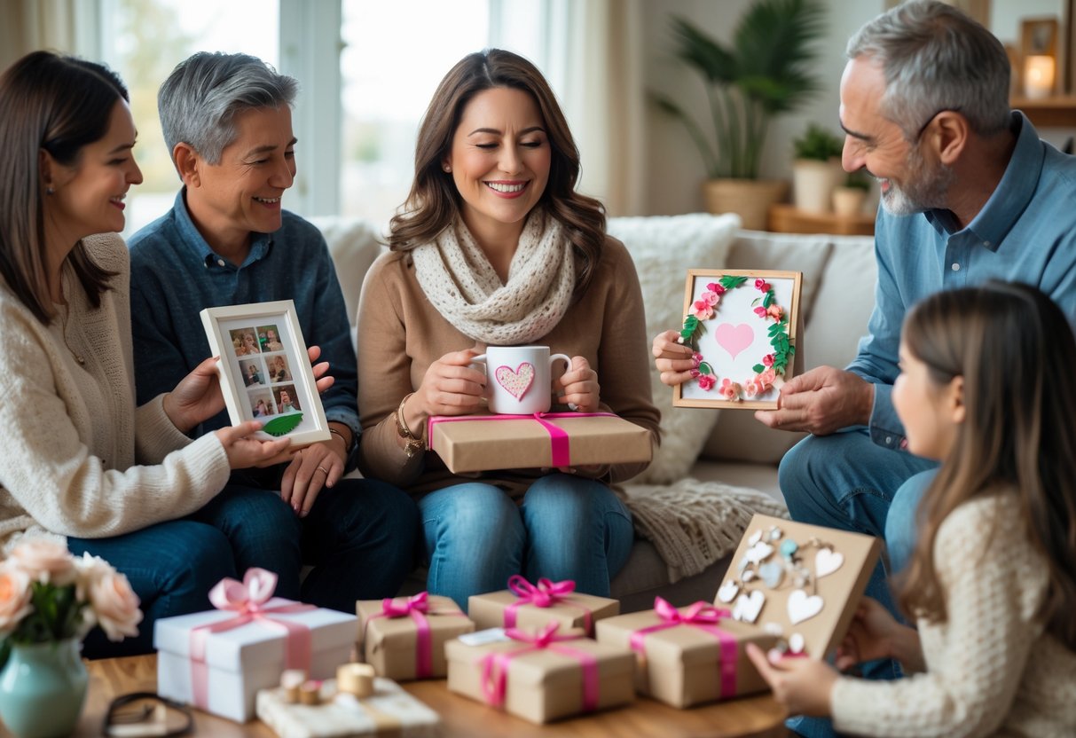 A mother smiling as she receives handmade personalized gifts from her family in a cozy living room.