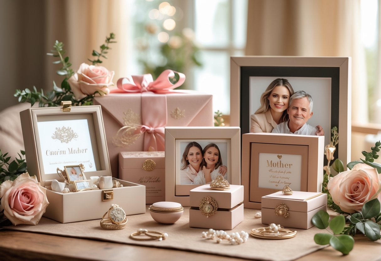 A collection of personalized gifts for a mother arranged on a table with flowers, including engraved jewelry boxes and photo frames with family pictures.