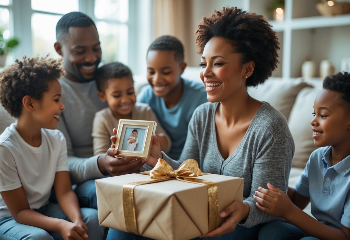 A mother smiling warmly as she receives a personalized gift from her family in a cozy living room, surrounded by her children and partner.