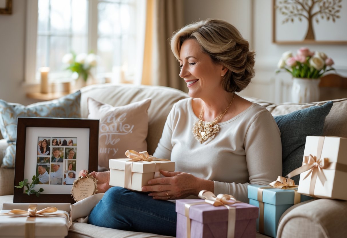 A smiling mother sitting on a sofa surrounded by personalized family gifts in a cozy living room.