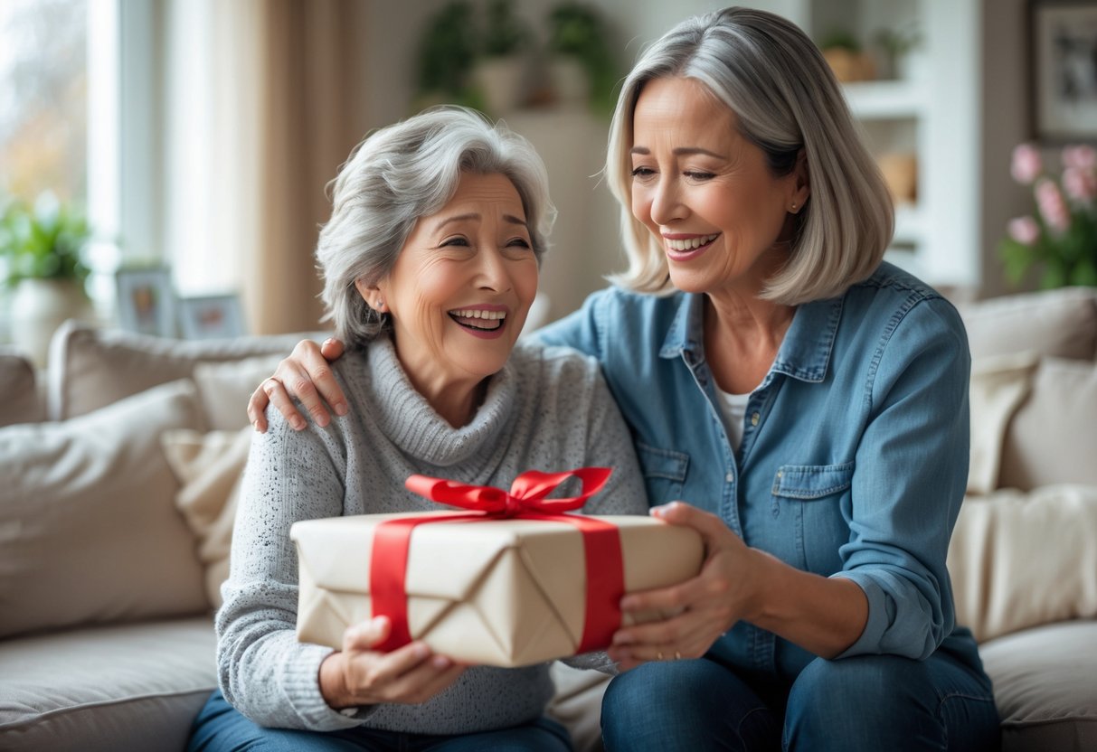 A mother joyfully receiving a customized gift from her adult child in a cozy living room.