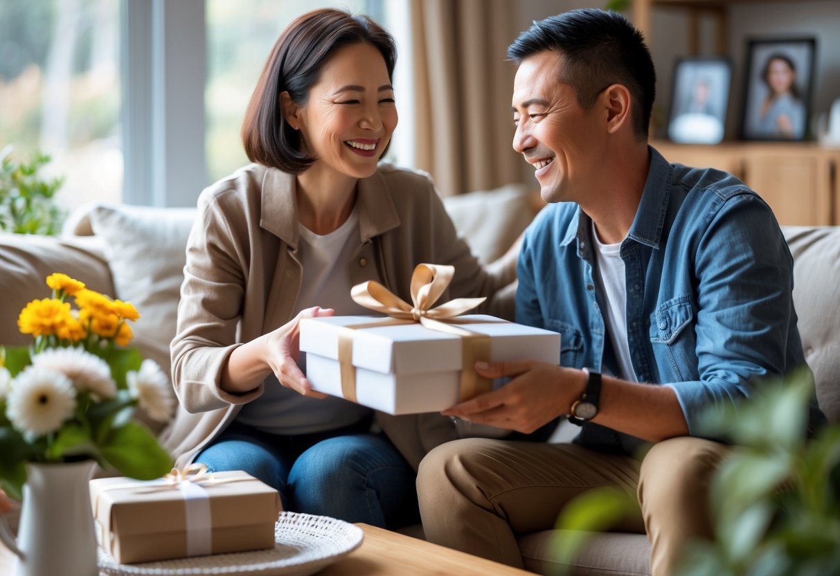 A mother and adult child sharing a heartfelt moment as the child gives the mother a personalized gift in a cozy living room.