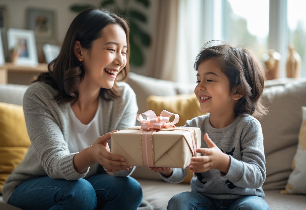 A mother smiling warmly as her child gives her a beautifully wrapped personalized gift in a cozy living room.